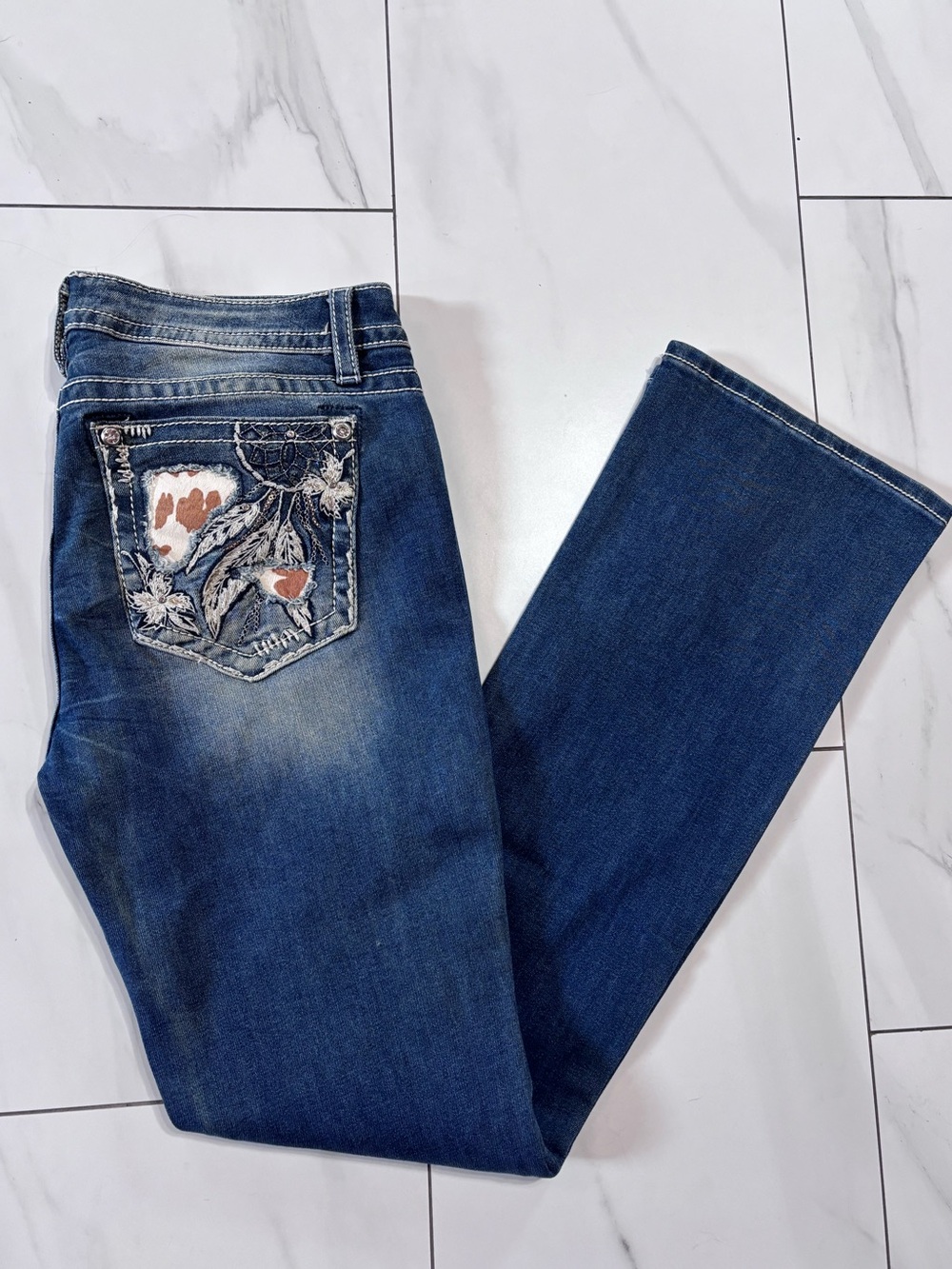Miss Me Dreamcatcher Cowhide Patchwork Bootcut Jeans Never worn size 34 stretch